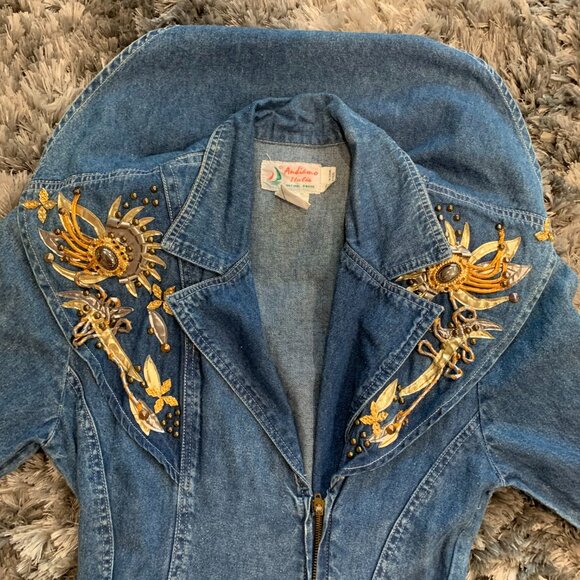 Andiamo Italia Rare Retro 1980's Jeweled Pearl Beading Denim-Size S RN 67926 - Picture 5 of 7